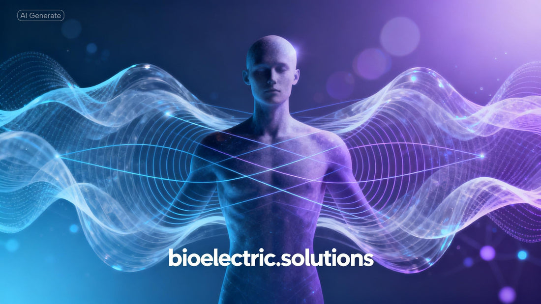 Human body giving visual waves of frequencies flowing through and around the body with bioelectric.solutions stamp 