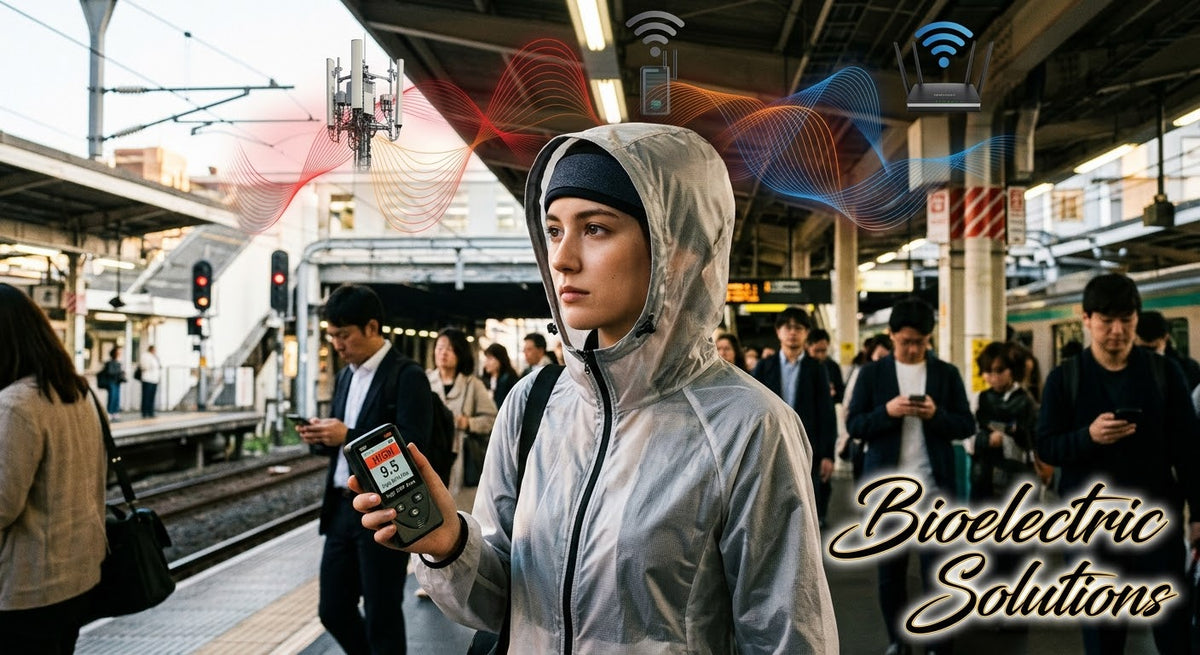 EMF, RF, 5G in the city and around us shielding and meter with girl 